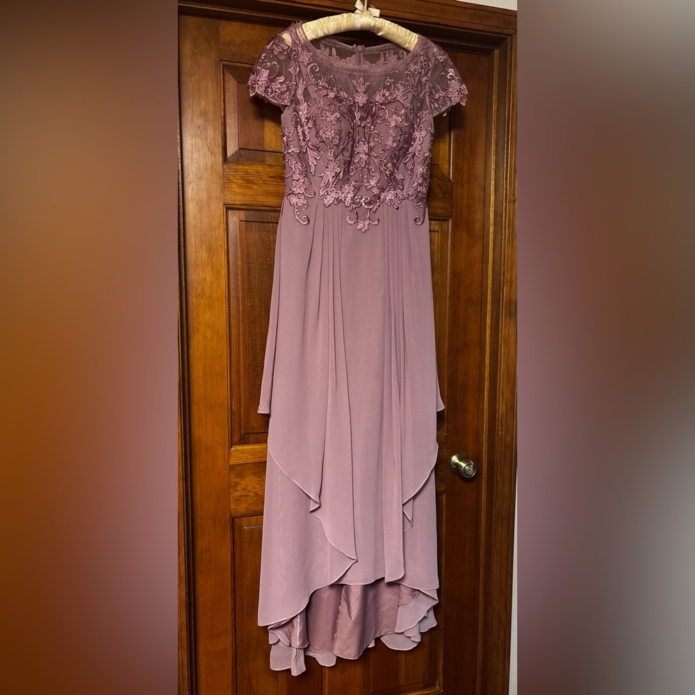 Azazie Mauve Lace Bodice Layered Chiffon Evening Dress